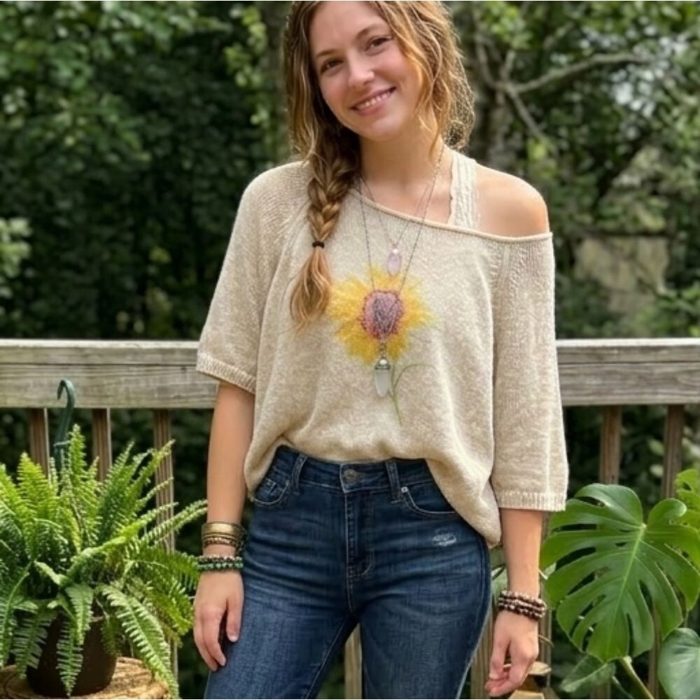 Pilcro Cream Off-Shoulder Sunflower Knit Sweater